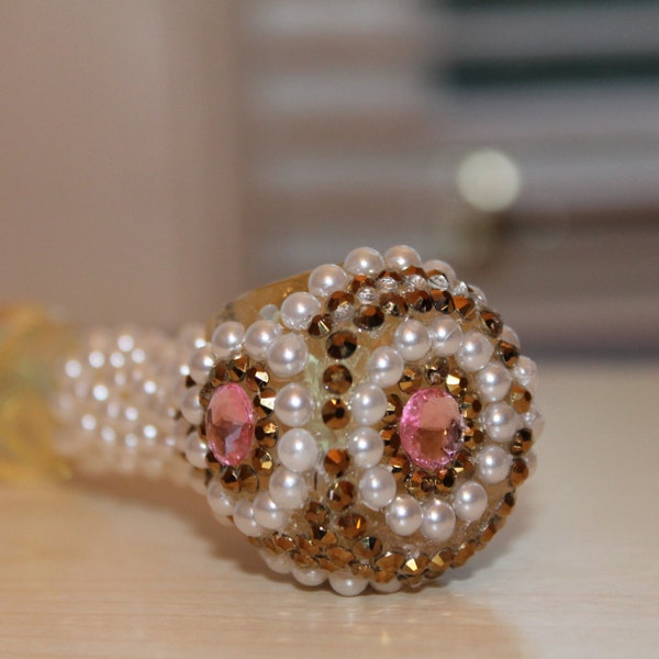 Hand Designed Glass Pipe with Pearls, Mini Gold Studs and Rhinestones.