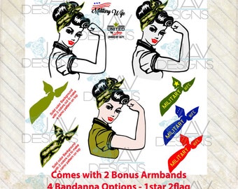 COLOR Military Wife Rosie the Riveter SVG ©Faith 4 Bandana Options - 2 Bonus Armbands Cricut Svg- Silhouette Studio - Png cut file