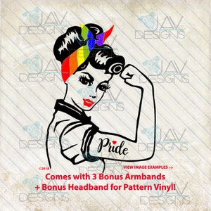Gay Pride Rosie the Riveter SVG ©Faith Rosie, 3 Bonus Armbands, 2 ways 2 cut With & Without pattern vinyl, Cricut Svg-Silhouette Studio-PNG