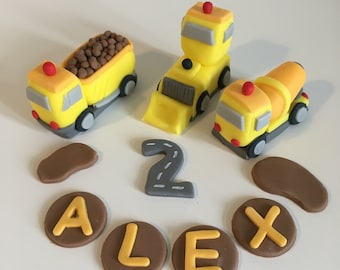 Set of 3 Construction Vehicles. Handmade, Personalised, Edible  Birthday Cake Topper