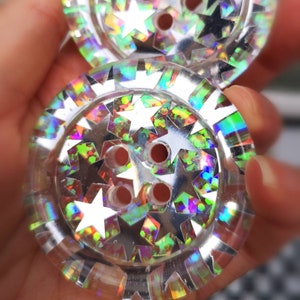The Space Up Your Life. Rainbow, colour shift, iridescent, silver space star handmade glitter buttons - 30mm, 35mm, 50mm crochet, knitting