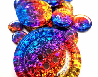 The Toucan Play That Game button. Blue purple red orange yellow handmade metallic glitter dazzle buttons - 15mm - 21mm - 30mm - 35mm - 50mm