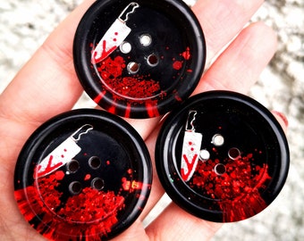 Il était une fois un crime - boutons faits main halloween true crime - paillettes rouges noires - gros 35 mm - uniques ! ÉDITION LIMITÉE