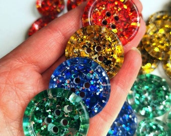 Primary coloured magic glitter button set - red - gold - green - blue - 15mm 21mm 30mm