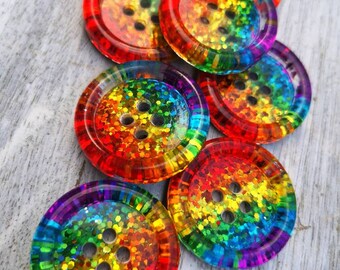 5 X glittery rainbow iridescent buttons sizes 13mm 15mm /& 18mm shank on back
