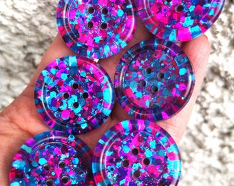 The Euphoria: handgemaakte glitterharsknopen, holografisch blauw, fuchsiaroze en paars. Ongebruikelijk. Jaren 90. 15 mm 21 mm 30 mm 35 mm 50 mm