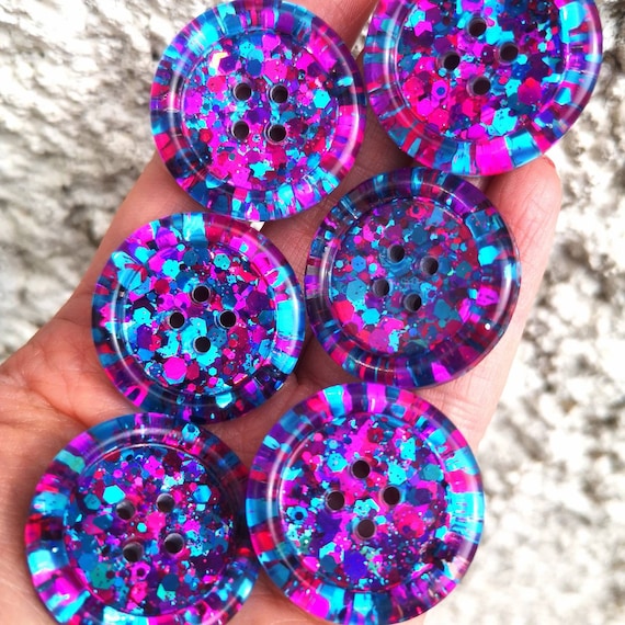 The Euphoria - handmade glitter resin buttons, holographic blue, fuchsia hot pink and purple. Unusual. 90's. 15mm 21mm 30mm 35mm 50mm