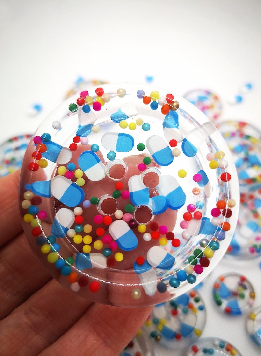 Fake Colorful Buttons The Pharmacy. Clear Handmade Fake Pill Art Buttons With Rainbow Dots ...
