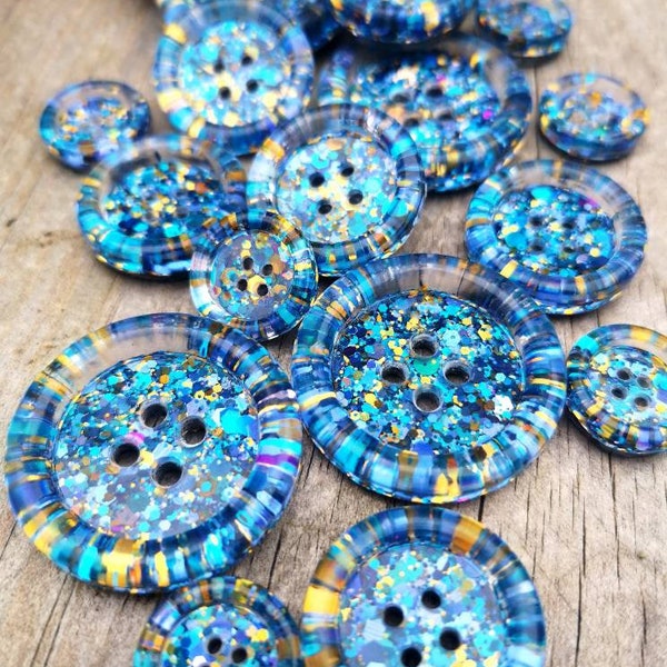 The Midsommer - magical glitter buttons - blue golden purple - 15mm 21mm 30mm 35mm 50mm - sewing  knitting  crochet - lovely!