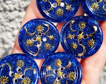 The Moonbeam Mixtape - 90's celestial sun and moon inspired whimsigoth buttons - midnight blue glitter - chunky 30mm 21mm. LIMITED EDITION!