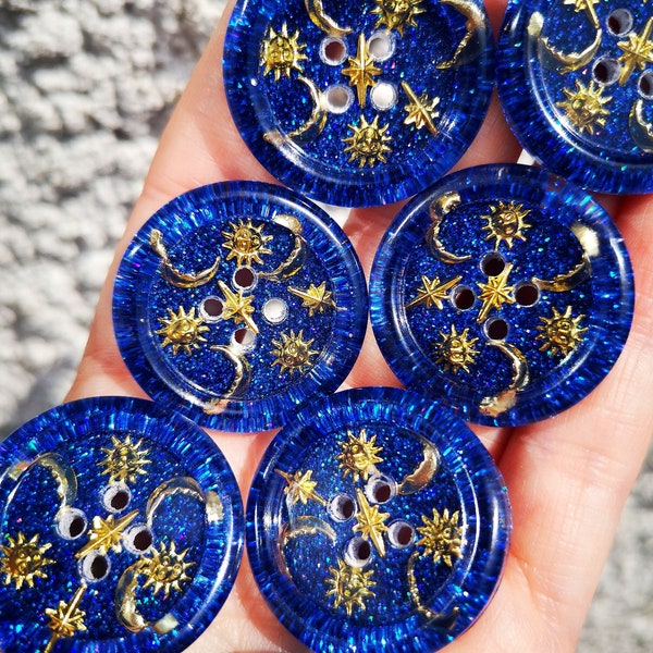 The Moonbeam Mixtape - 90's celestial sun and moon inspired whimsigoth buttons - midnight blue glitter - chunky 30mm 21mm. LIMITED EDITION!