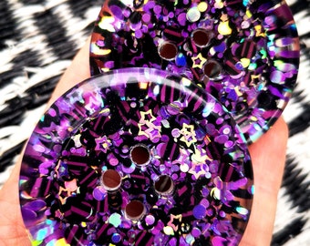 The Glamour Ghoul. Purple - black - iridescent - glitter handmade BUTTONS goth emo stars 15mm 21mm 30mm 35mm 50mm