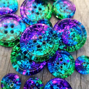 The Peacock Party. Purple - blue - teal - green - handmade resin metallic glitter dazzle buttons - 15mm - 21mm - 30mm - 35mm - 50mm