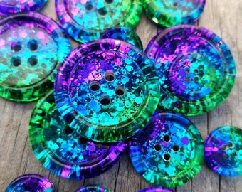 The Peacock Party. Purple - blue - teal - green - handmade resin metallic glitter dazzle buttons - 15mm - 21mm - 30mm - 35mm - 50mm