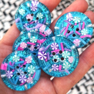 The Kandy Pop. Aqua blue turquoise glitter candy sweets buttons. Pops of hot pink, lilac, mint and pearls. 15mm - 21mm - 30mm - 35m - 50mm.