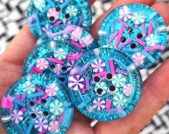 The Kandy Pop. Aqua blue turquoise glitter candy sweets buttons. Pops of hot pink, lilac, mint and pearls. 15mm - 21mm - 30mm - 35m - 50mm.