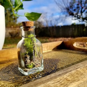 May include: A small glass bottle with a cork stopper filled with dried lavender, moss, and a small metal charm. The bottle is sitting on a wooden tray with an ornate design.