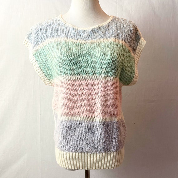 Textured Striped 1980\u2019s Crochet Knit Sleeveless Top Pink Colorblock