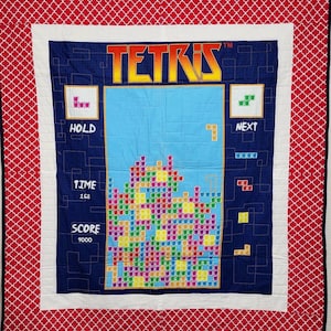 Tetris Gaming Quilt – 51x56” – Freehand Quilted in 3 Unique Patterns – Gamer Gift, Wall Art, or Lap Quilt – Ready to Ship + Free US Shipping