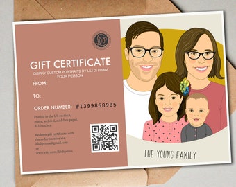 Printable Gift Certificate. Custom family portraits of 4 + 8x10' Art print.  Last minute Gift Idea. Portraits of 4 people or pet.