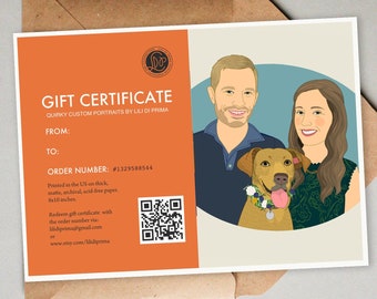 Printable Gift Certificate. Unique Christmas Gift For Couples. Couples Portrait with Pet + 8x10' Art print. Custom Personalized Gift.