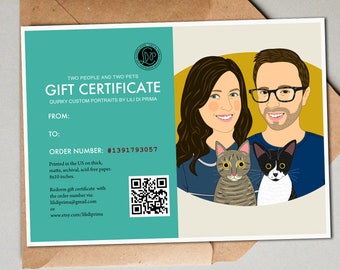 Printable Gift Certificate. Couples portrait with 2 pets + 8x10' Art print. Last minute gift idea. Wedding Gift for Couple.