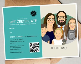 Last minute Mother's day gift. Printable Gift Certificate. Large Family portraits + 8x10' Art print. Personalized Big Family Illustration.