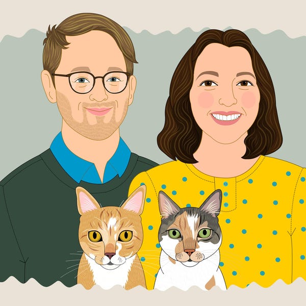 Portret pary i zwierzaka na zamówienie, ręcznie ilustrowana sztuka cyfrowa