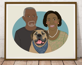 Personalized couples portrait with pet. Custom couple illustration. Gift for couples. Wedding, anniversary gift for her/him. Digital file.