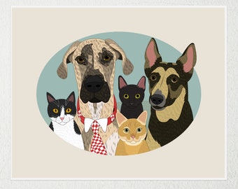 Multiple Custom Pet Portraits. Gift for pet lovers. Pet loss gift. Pet memorial.