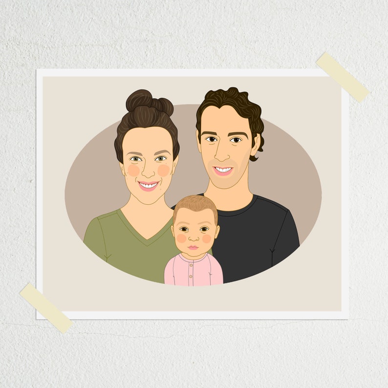 Regalo para familia de 3. Ilustración familiar personalizada. Dibujo Digital. imagen 5