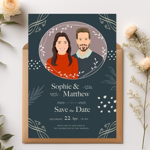 Unique Personalized Save The Date with Custom Portraits. dark blue