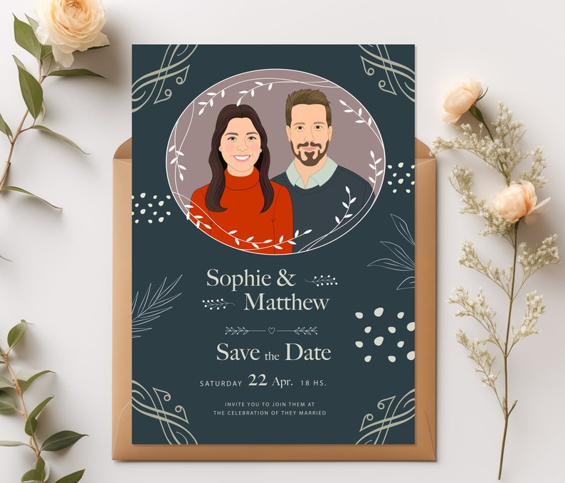 Unique Personalized Save The Date with Custom Portraits. dark blue