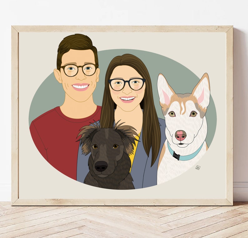 Unique Home decoration. Personalized Wall Art. Personalized couple portrait with 2 dogs. Wedding or Anniversary gift. image 5