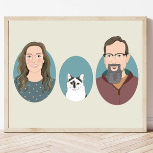 Custom Couple Portrait with pet, Personalized Anniversary or Birthday gift. 2 people & 1 pet. 3 oval frame. image 5