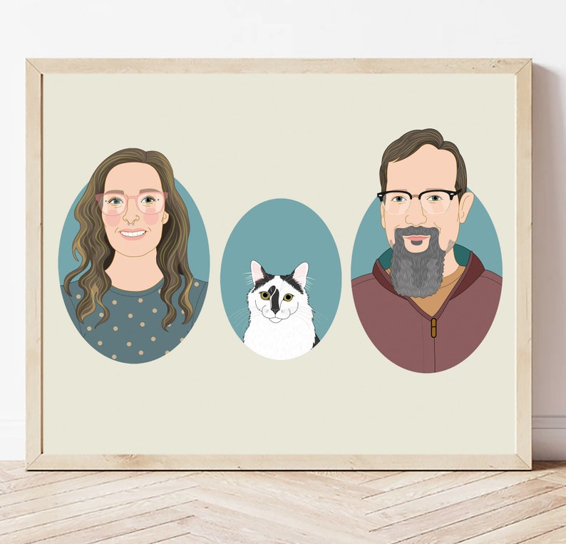 Custom Couple Portrait with pet, Personalized Anniversary or Birthday gift. 2 people & 1 pet. 3 oval frame. image 5