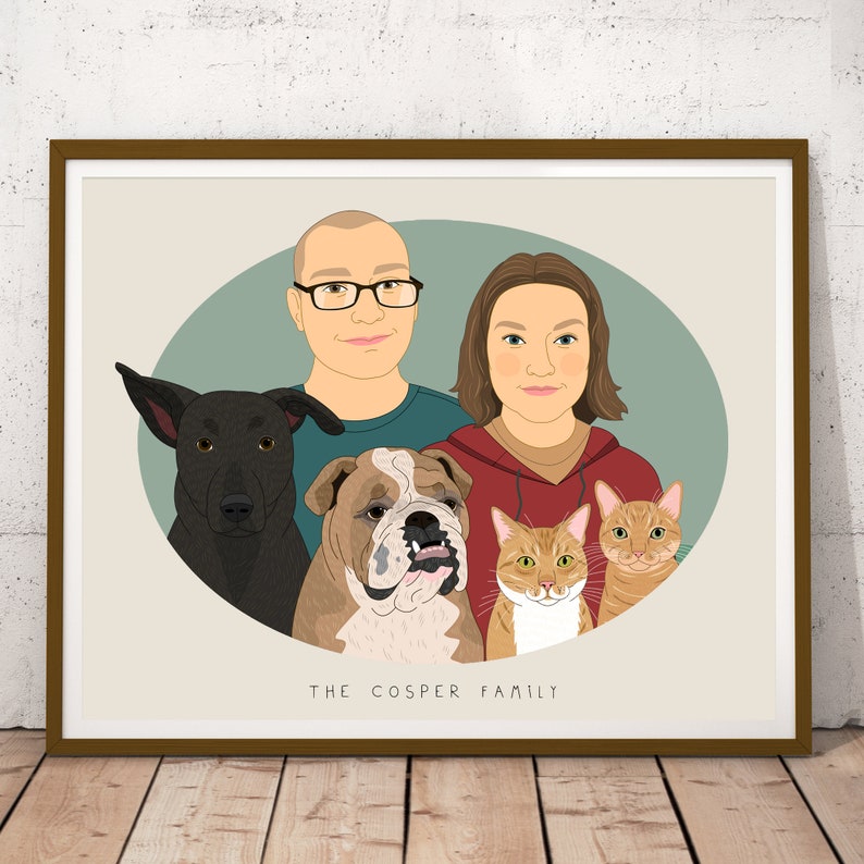 Custom Family Portrait Illustration From Photos. Dog and Cat Lover Family Portraits. Anniversary or Birthday Gift. image 9