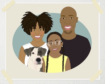 Personalisierte Familien Illustration mit einem Haustier. Geschenk zum Vatertag. Geschenk für Papa. Portrait Illustration einer Familie mit Haustier.