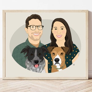 Gift for Couples, Gift for Pet Lover Couple, Personalized Couples Portrait with 2 Pets. Engagement or Anniversary Gift.