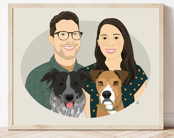 Unique Home decoration. Personalized Wall Art. Personalized couple portrait with 2 dogs. Wedding or Anniversary gift.