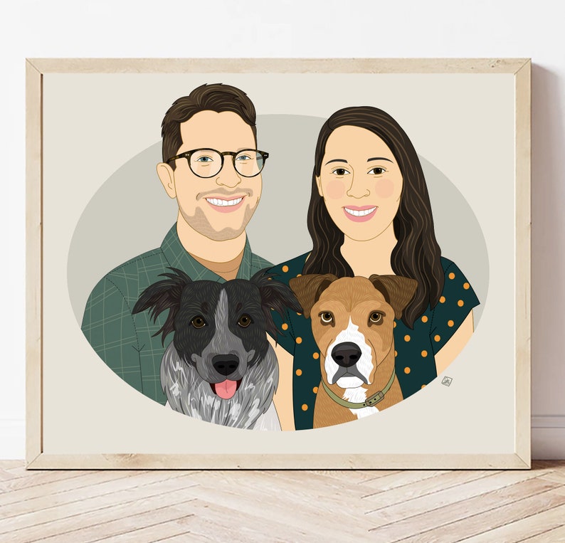 Unique Home decoration. Personalized Wall Art. Personalized couple portrait with 2 dogs. Wedding or Anniversary gift. image 1