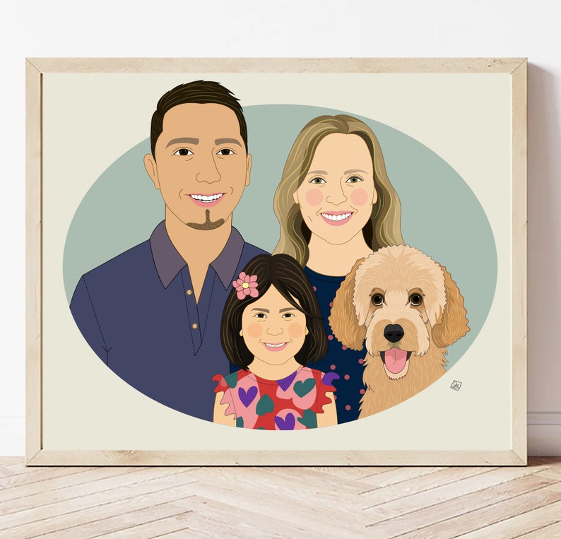 Personalized Hand Drawn Family Portraits with pets. Custom Family Portrait in oval frame. image 10