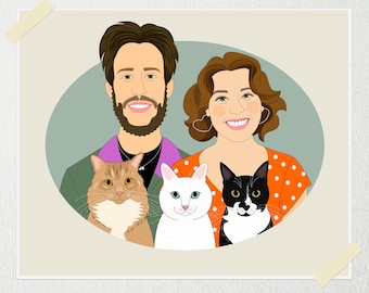 Custom Couple Portrait Illustration with Pets. Gift for Newlyweds. Portraits From Photos. Unique Gift.