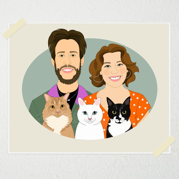 Custom Couple Portrait Illustration with Pets. Gift for Newlyweds. Portraits From Photos. Unique Gift.