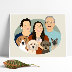 Personalized Hand Drawn Family Portraits with pets. Custom Family Portrait in oval frame. image 6