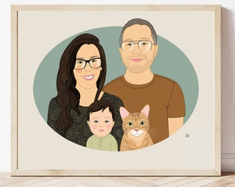 Illustrazioni personalizzate di ritratti di famiglia. Regalo per la festa della mamma o del papà. Disegno personalizzato del ritratto di famiglia. Regalo per la nuova mamma o il nuovo papà.