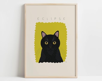 Custom Black Cat Portrait, Hand-Drawn Vector Illustration, Cat Memorial Gift