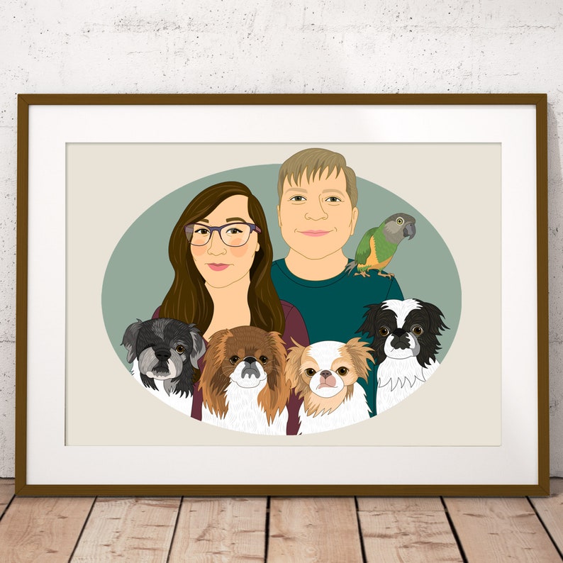 Custom Couple Portrait with 3 Pets. Gift for animal lovers. Couple illustration. Digital portrait. image 8