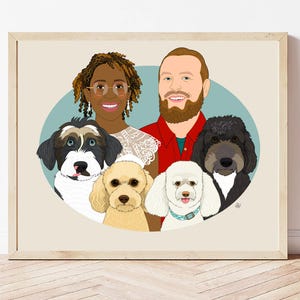 Hand Drawn Custom Couple Portrait with 3 or more Pets, Personalized Digital Portrait, Gift for Animal Lovers, Portrait for Pet Owner Couple