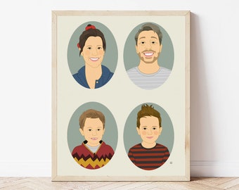 Regalo per papà. Ritratto di famiglia personalizzato di 4 persone, disegno digitale, illustrazione di famiglia personalizzata, regalo di anniversario.